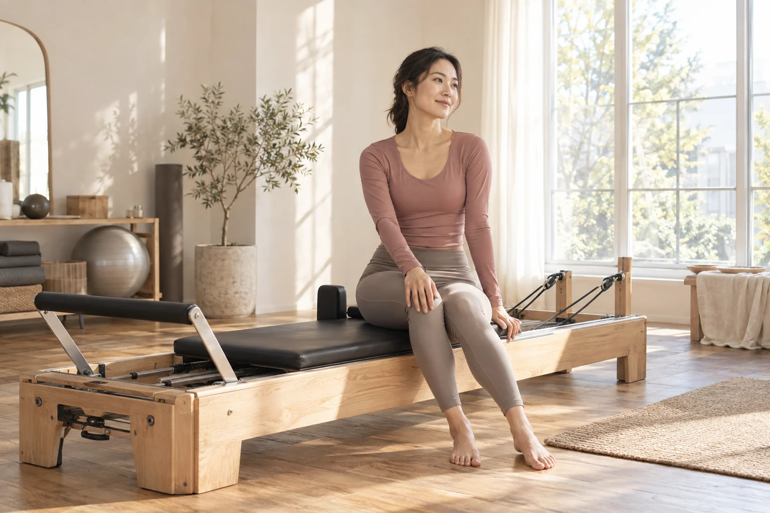 自然光の入るスタジオでリフォーマーに腰掛ける女性のイメージ